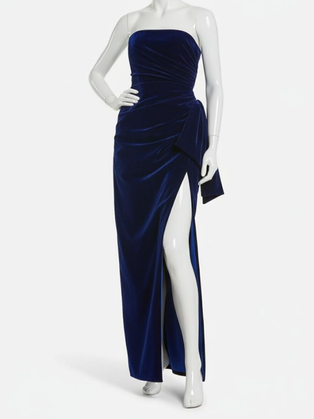 Ieena for Mac Duggal Women's Blue Draped Velvet Bow Hip Gown Dress Size 8